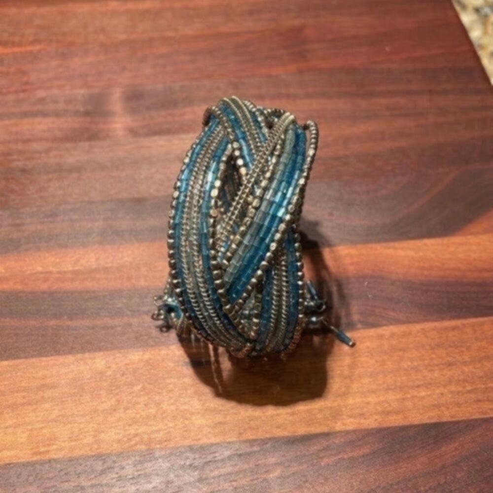 Handmade Turquoise and Gold Beaded Cuff Bracelet Fashion Jewelry